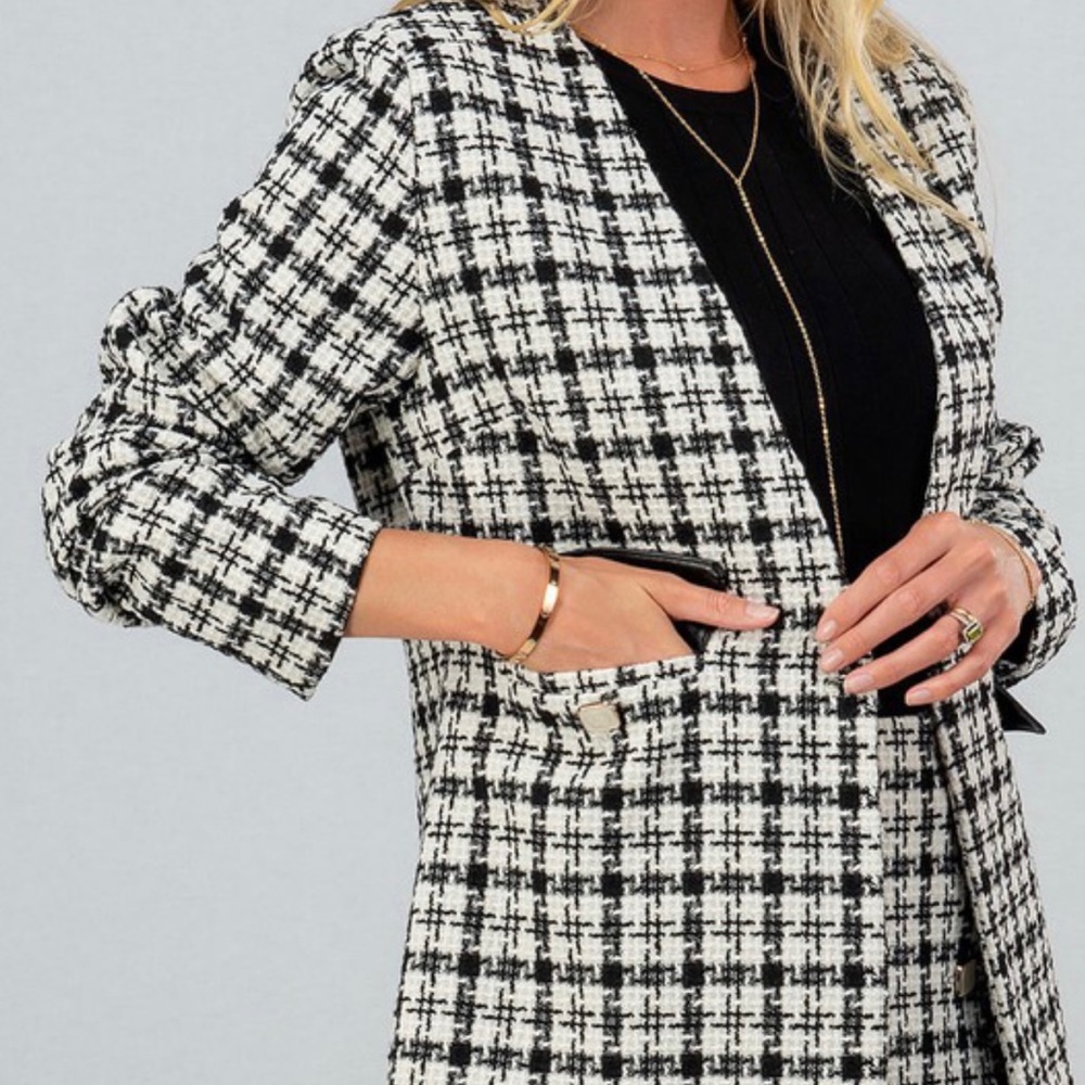 Plaid collarless blazer jacket with pockets